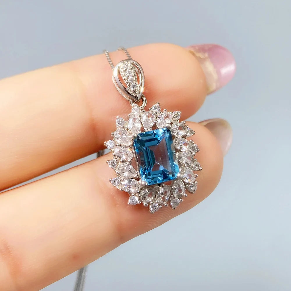 Gioiellieri Natural Swiss Blue Topaz Pendant for Women S925 Sterling Silver Necklace Fine Jewelry December Birthstone Anniversary Gift New