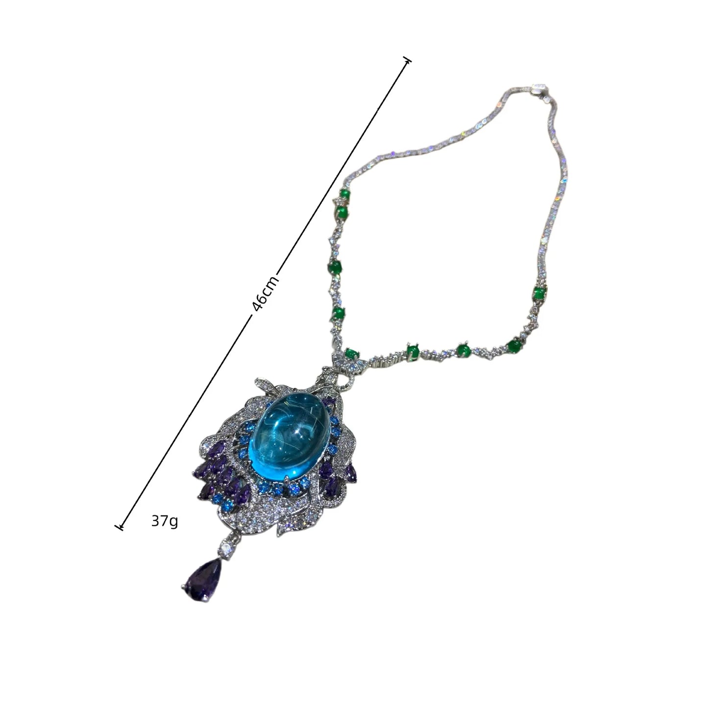 Vintage Blue Aqua Oval Cabochon & Purple Zirconia Pendant Necklace — Rhodium Plated