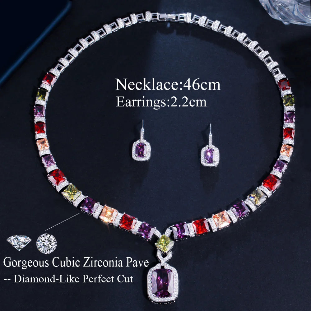 Multi Color Purple Cubic Zirconia Big Square Drop Luxury Wedding Bridal Necklace Earrings Costume Jewelry Sets for Women