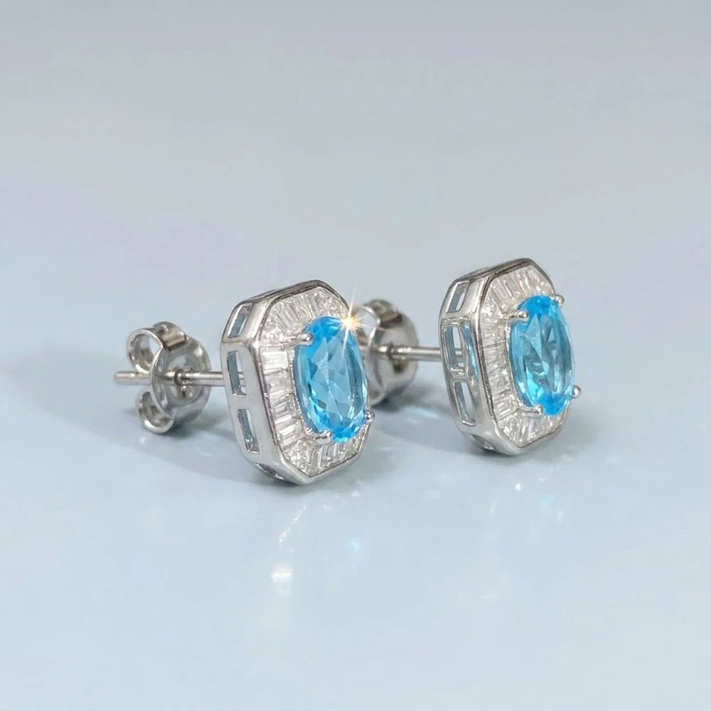 Gioiellieri Natural Swiss Blue Topaz Stud Earrings with S925 Sterling Silver for Women Classic Gemstone Jewelry Birthday Gift for Her Fine