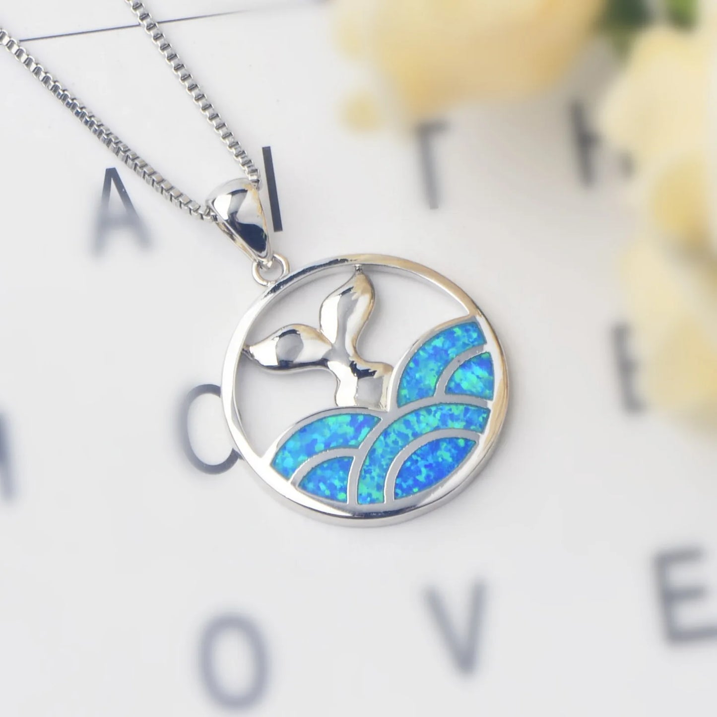 Aobao Trendy Christian Blue Opal Mermaid Tail Sweater Chain Surfing Necklace Silver Plated Copper Alloy Inlaid Lab Created Opal