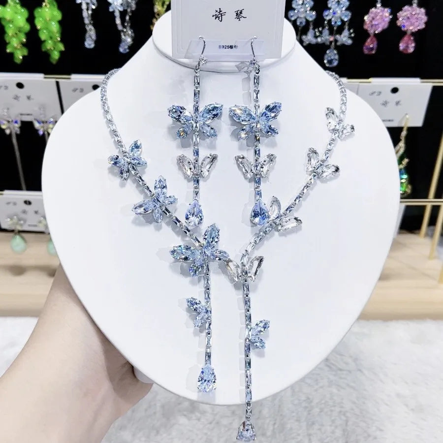 K069 Top Quality European Fashion Luxury Exquisite Pink Zircon Butterfly Necklace and Earrings Set Women Elegant Jewelry Set