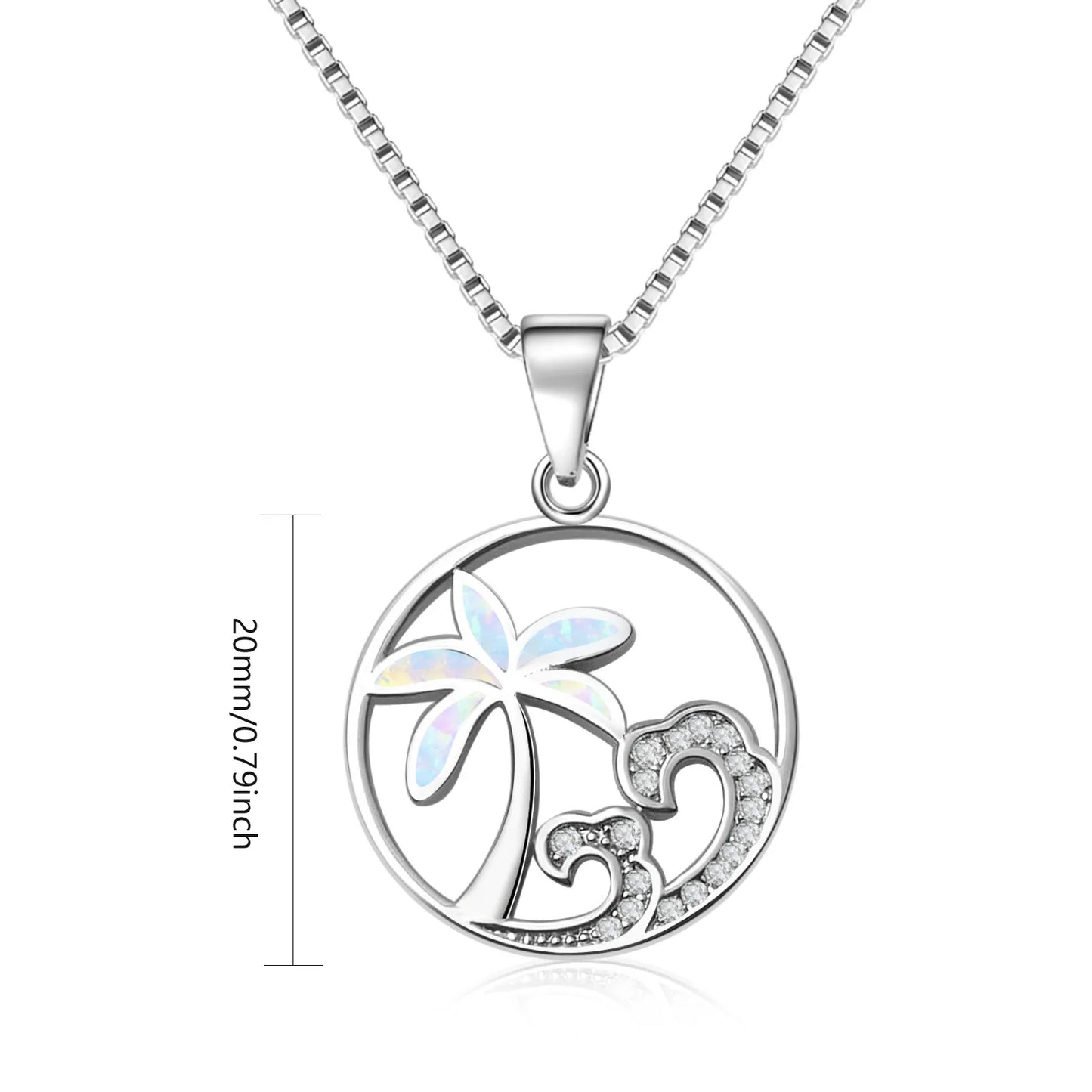 Summer Blue Opal Pendant Necklace | Trendy Silver Plated Brass Box Chain Minimalist Coconut Tree Design for Women's Anniversary