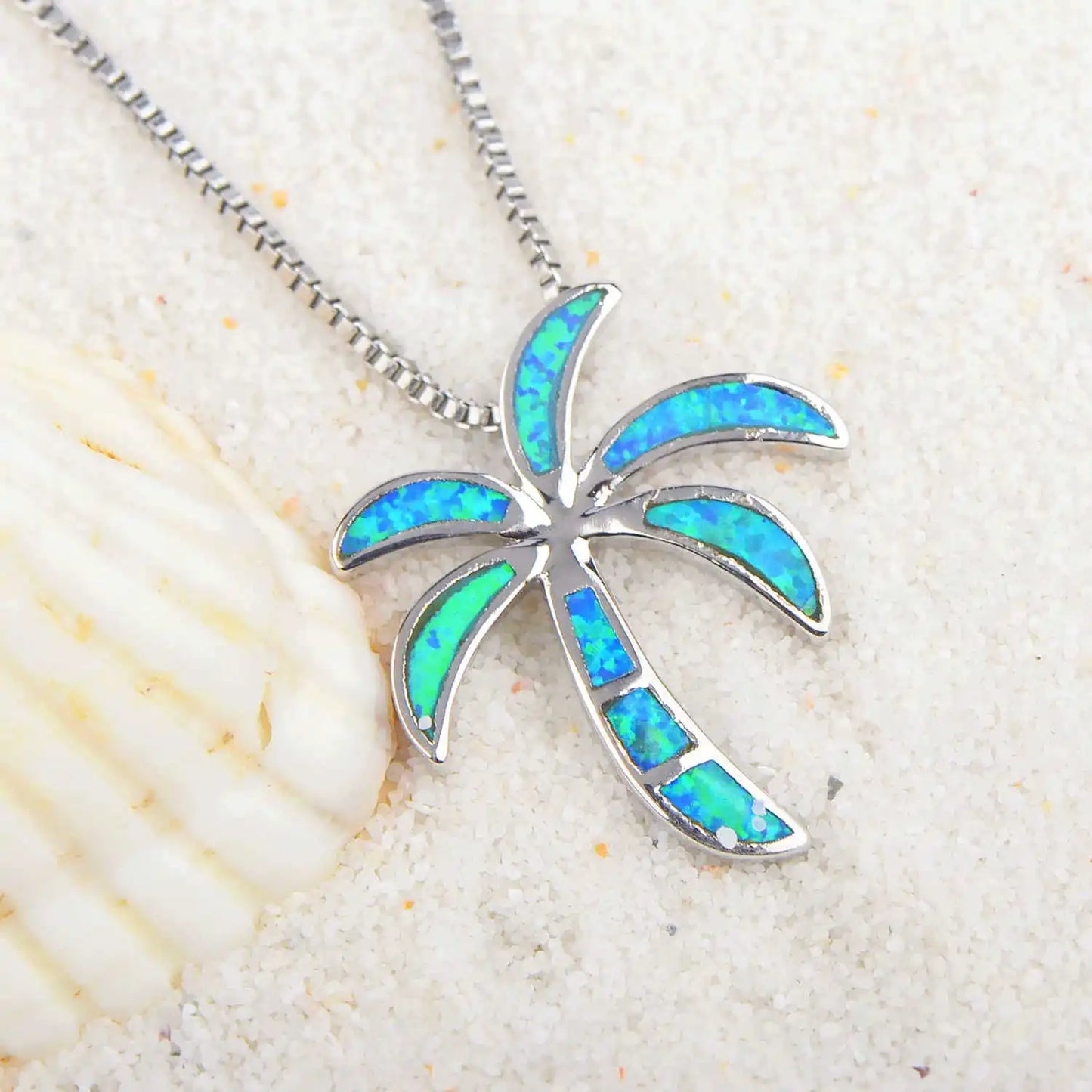 Aobao Christian Copper Hawaiian Coconut Tree Necklace Palm Tree Pendant Link Chain Opal