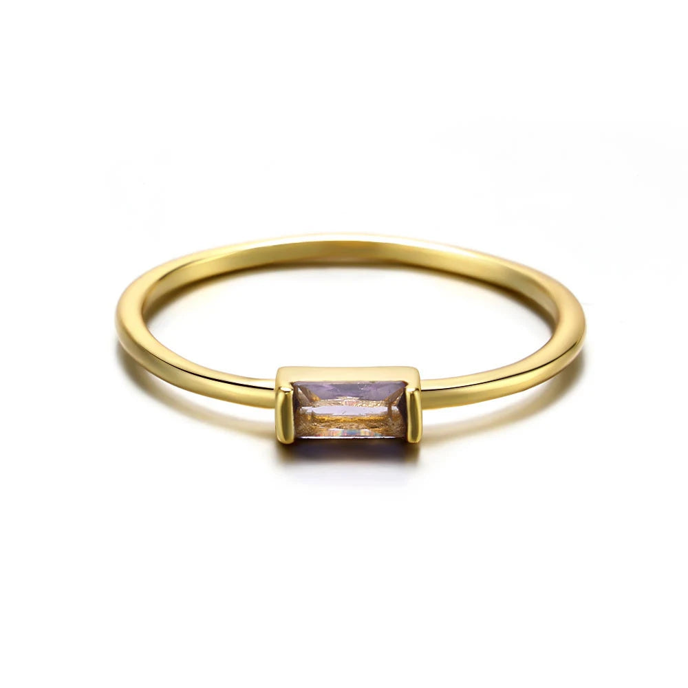 Gold Rhodium Plated Thin Pinky 925 Sterling Silver Romantic Party Colorful Square CZ Zirconia Gemstone Women's Birthstone