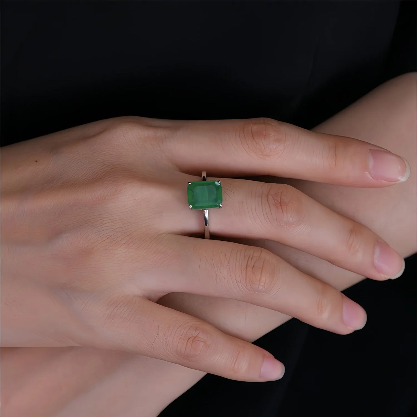 SILVERELLI 4CT Synthetic Emerald Engagement Ring | 925 Sterling Silver | Bar Setting