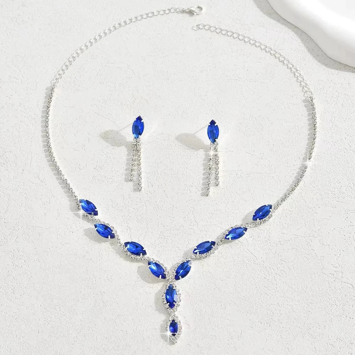 XM S375 Silver Plated Marquise Cut Zircon Floral Statement Necklace & Tassel Drop Earrings Set