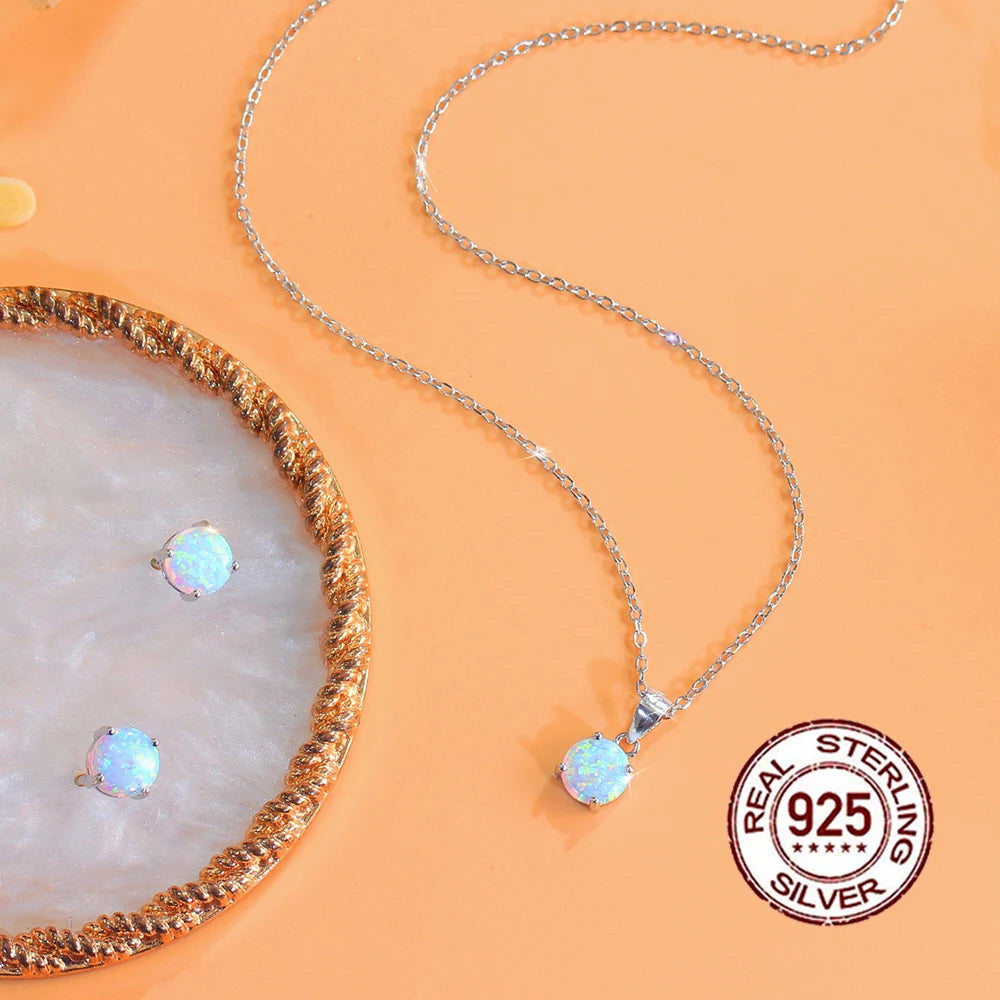 S&S 925 Silver White Opal Necklace & Earrings Set – 4-Claw Round Setting – Rhodium Plated – Collection