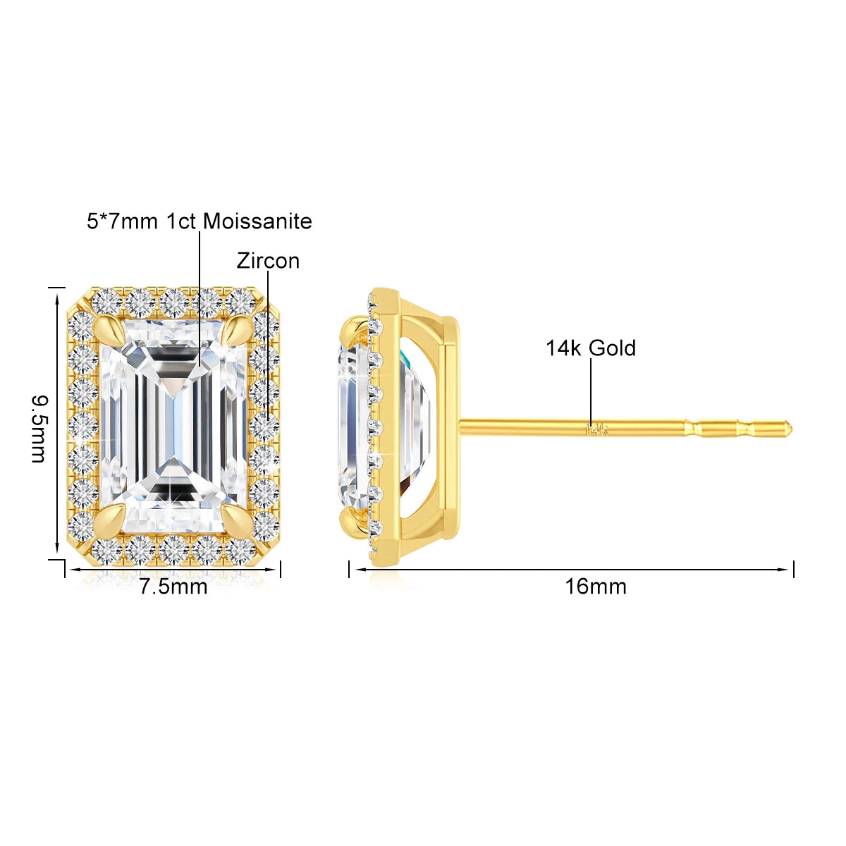 Gioiellieri Woman Luxury Halo Jewelry Style Engagement Mother's Day Gift Hollow 14K Gold 1 Carat Emerald Cut Moissanite Stud Earrings