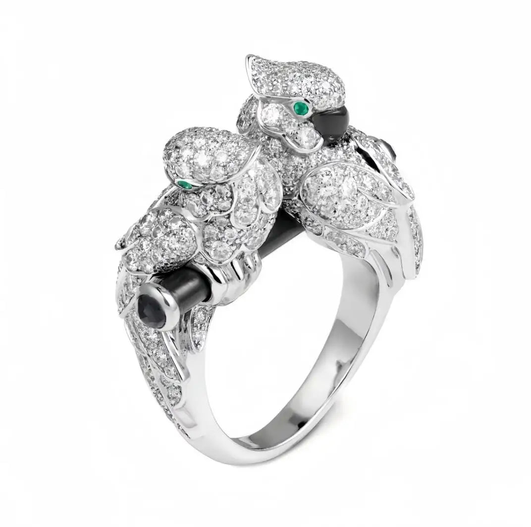 MuShan Jewelry Factory Luxury Brand 925 Sterling Silver Rings Jewelry for Women Double Parrot Love Bird Enamel Gemstones Ring