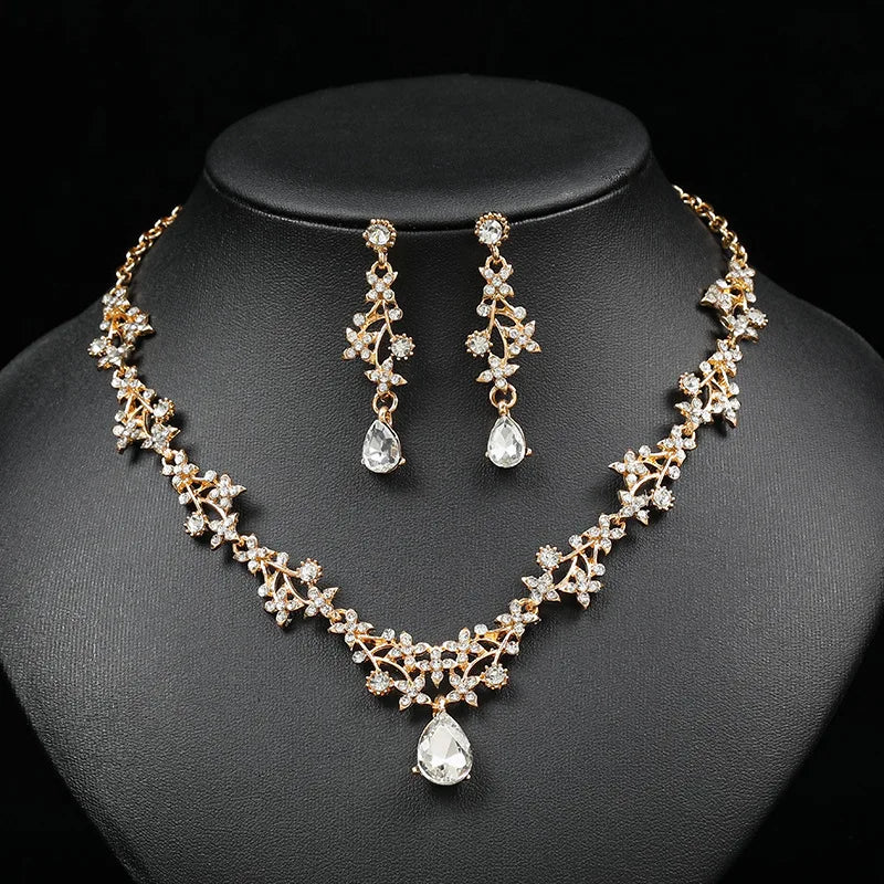 Korean Bridal Floral Drop Pendant Necklace & Earrings Set | Crystal Clavicle Chain Silver & Gold