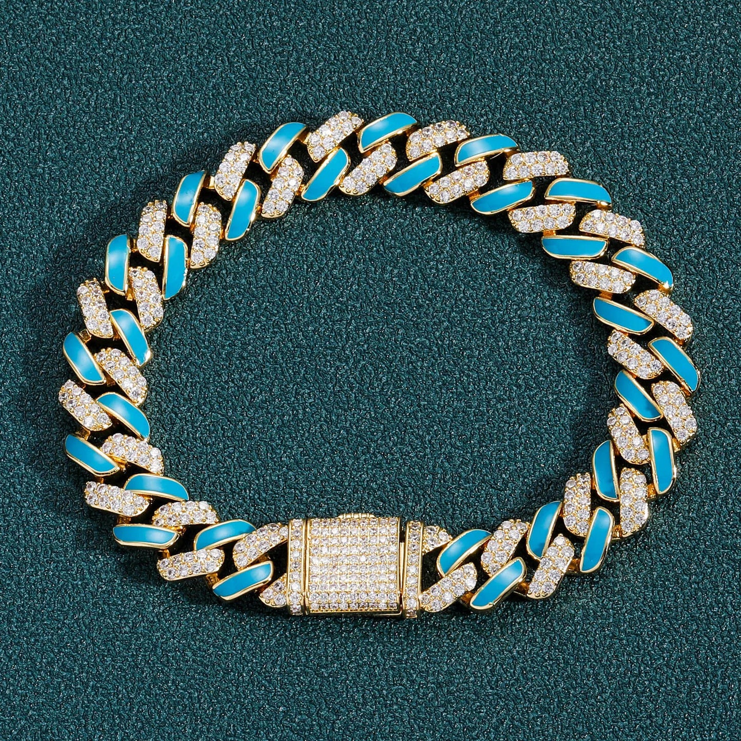 Trendy Hip Hop Jewelry 12mm Wide Bling CZ Iced Out Blue Enamel Strips Cuban Link Chain Bracelet for Women and Men