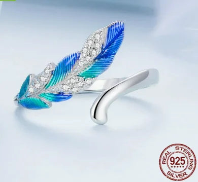 S&S Blue Zircon Feather Earrings & Ring Set | 925 Silver | Ethnic Boho Style | Adjustable | S&S Collection