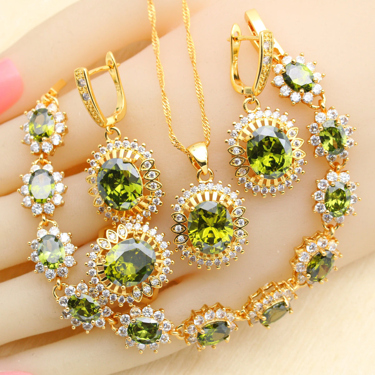 XOTICA 18K Gold Plated Alloy Emerald Jewelry Set for Women Wedding Engagement Anniversary Party Necklace Earrings Bracelet Ring Gift