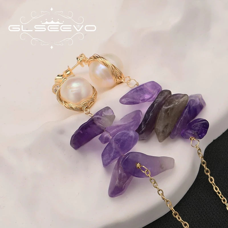 Amethyst Freshwater Pearl Handmade Wire Wrapped Dangle Earrings Chain Fashion Charm Luxury Earrings Women Jewelry