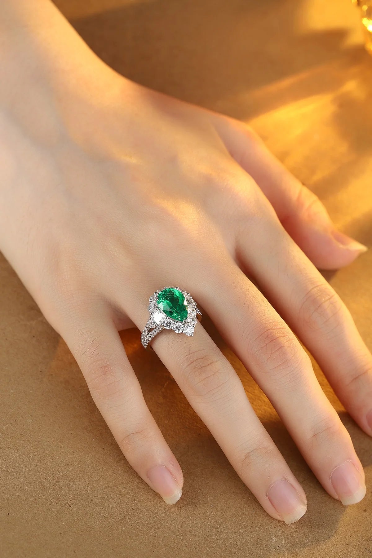 Gemfiori Custom Vintage Lab Grown Emerald Sterling Silver 925 Engagement Ring Rhodium Plated Pear Cut Prong Setting Wedding Ring