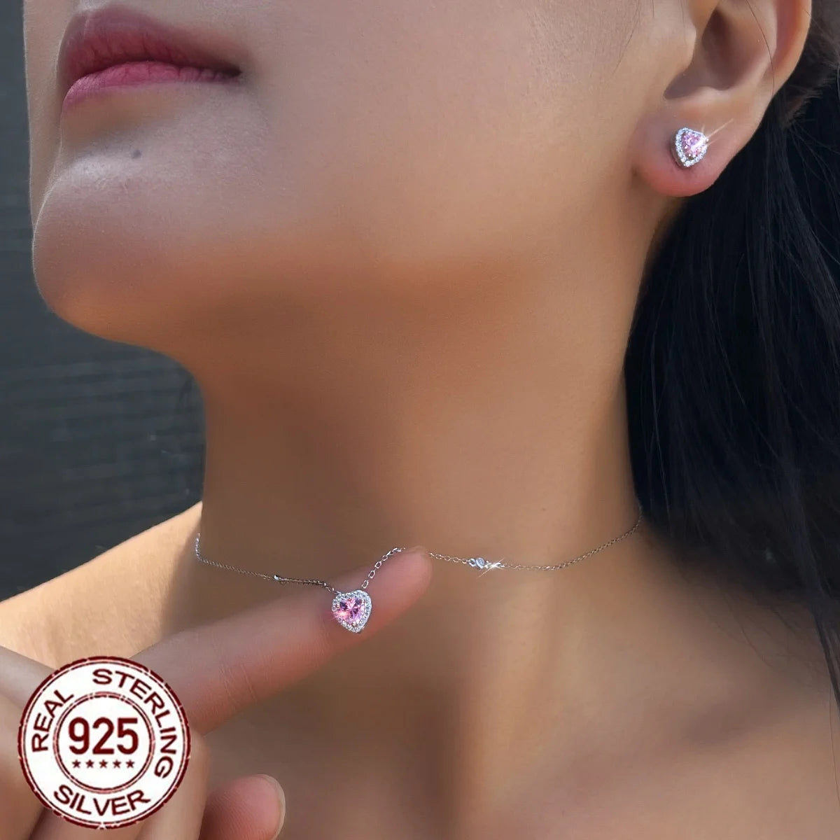 925 Sterling Silver Rhodium Plated CZ Pendant Necklace & Earrings Set with Pink Heart Cut for Women-Wedding Engagement Gift
