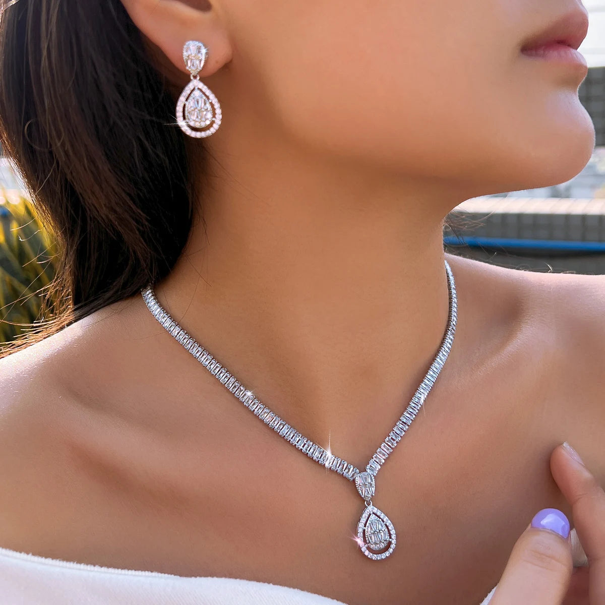 Rhodium Plated Baguette Tennis CZ Jewelry Set Cubic Zircon Drop Dangle Necklace Earrings Jewelry Set for Fiancee Engagement