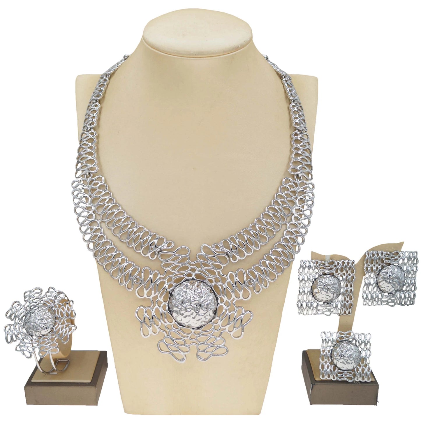 Zhuerrui New Fancy Jewelry Set Nigerian Wedding Ladies Four-Piece Double Copper Ring Chain Ring Bracelet French EleganceH00785