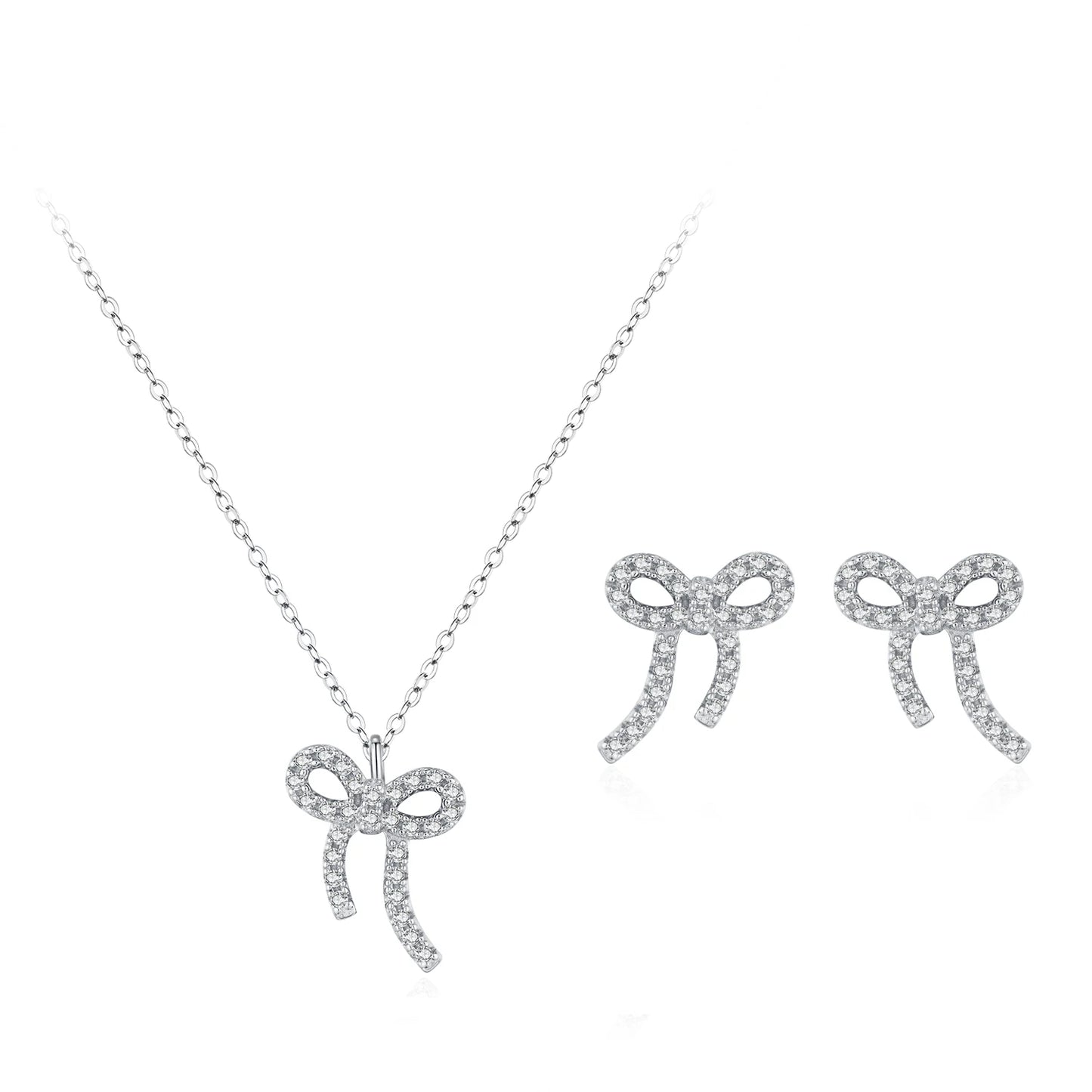 Ailmay Elegant 925 Sterling Silver Bow Earring Necklace Set For Women Fashion Mother's Day Jewelry Gift