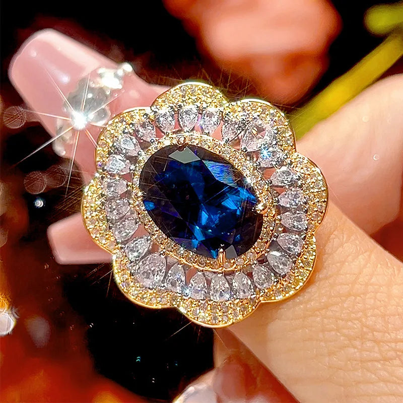 REDheart Brass Zircon Gold-Plated Wavy Open Ring Simulation Blue Pointed Crystal Niche Trendy Engagement Party Pendant Necklace Set