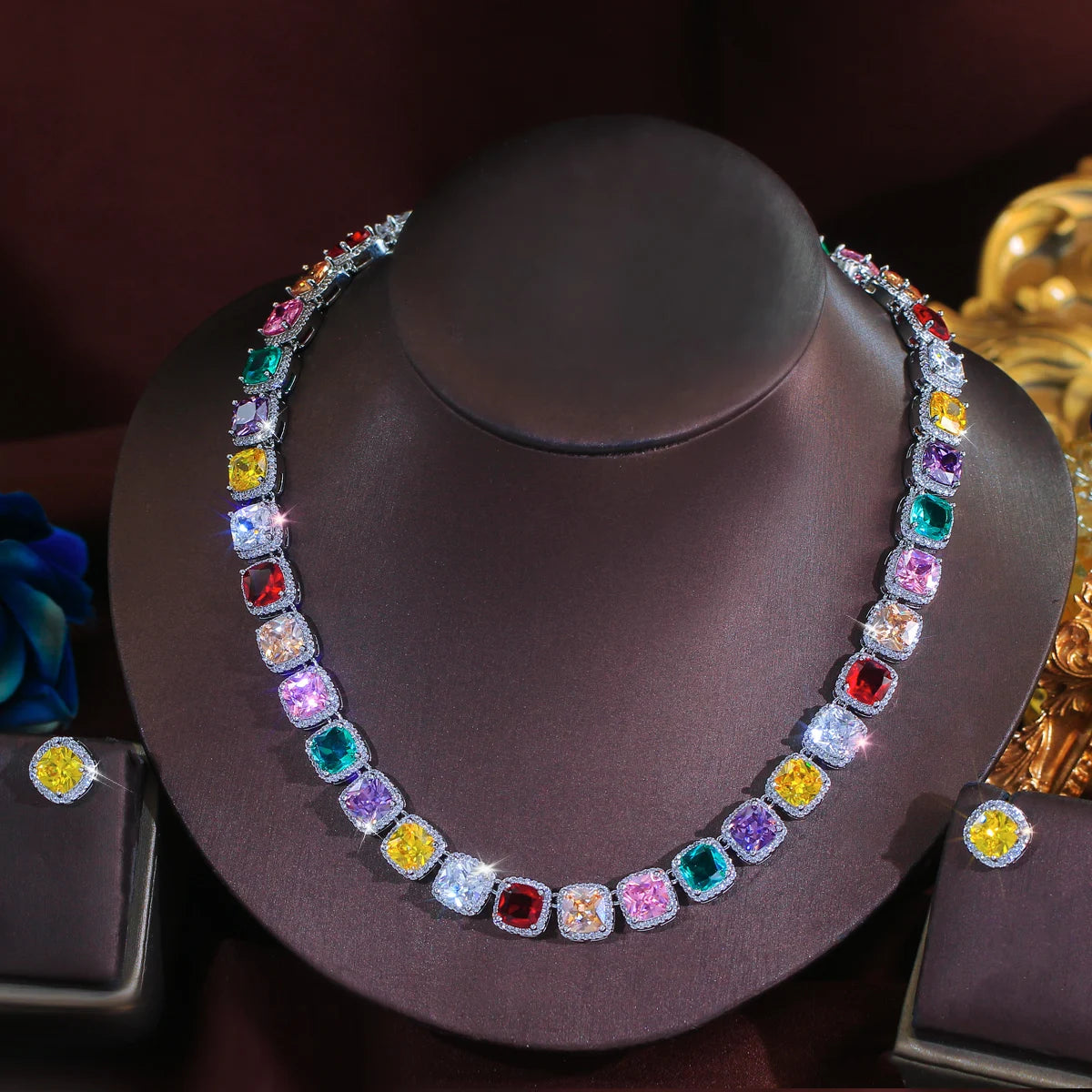 Multicolor CZ Set Rainbow Square Tennis Zircon Chain Link Necklace Earrings Set for Brides Wedding With Rhodium Plated Jewelry