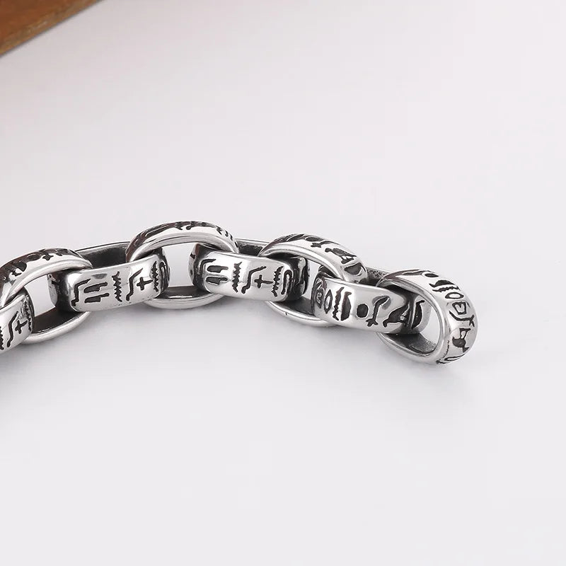 KALEN 230mm Men Punk Ancient Words Stainless Steel Oval Links Bracelet With Lobster Clasp