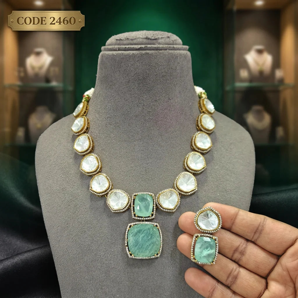 Elegant Mint Green Cushion Cut Pendant Necklace Set Traditional Wedding Jewelry Statement Necklace Premium Designer Set