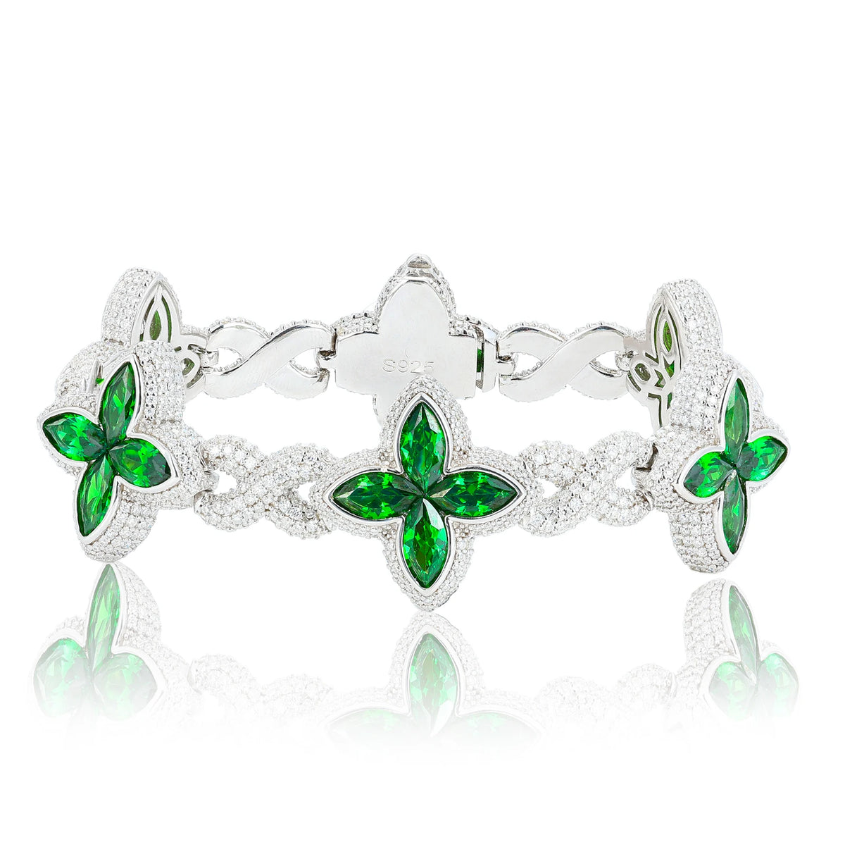 S&S Iced Out Hip Hop Jewelry 21mm Diamond Flower Chain Gold Plated Four Leaf Clover Bracelet CZ Fashion Gift for Anniversary Party