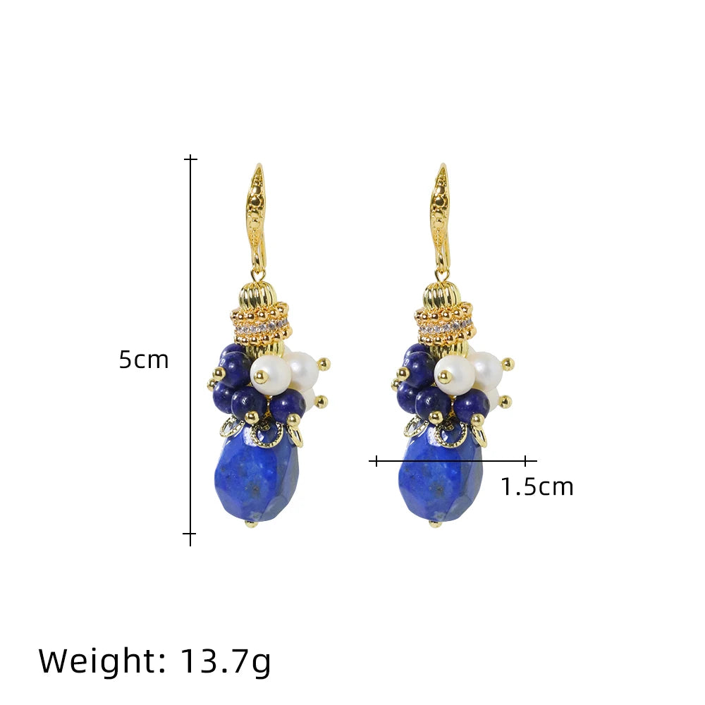 Natural Freshwater Pearl Lapis Lazuli Flower Earrings Korean Style Women Luxury Jewelry Fashion Ladies and Girls Gift GE1550