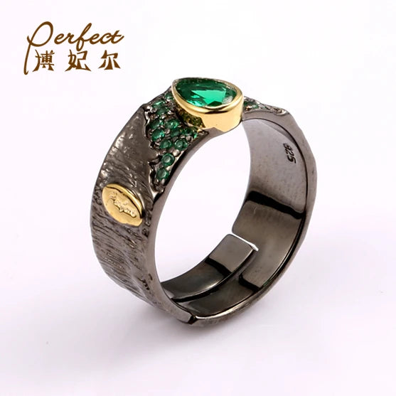 Thailand Design Green Spinel 925 Sterling Silver Ring with Black Gold Plated for Women