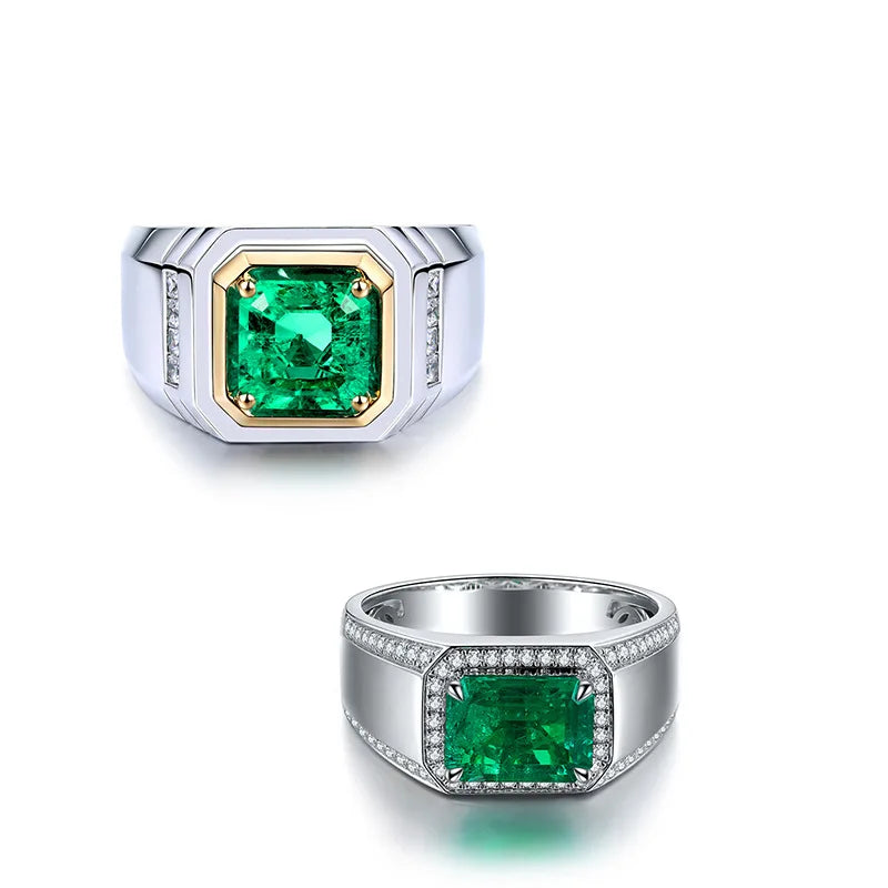 Minimalist Commuter S925 Silver Created Emerald Geometric Shape Ring for Men Women Unisex Set Precious Stones