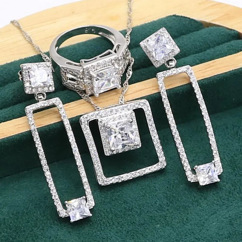 XOTICA Luxury Dubai Silver Jewelry Set for Women Long Earrings Necklace Pendant Ring-Wedding Gift
