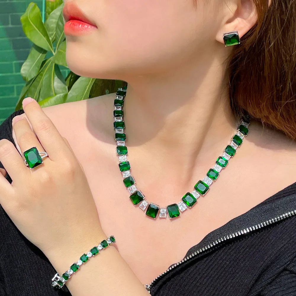4pcs Square Cubic Zirconia Dark Green African Bride Jewelry Sets Necklace Earrings for Women Luxury Evening Party Costume