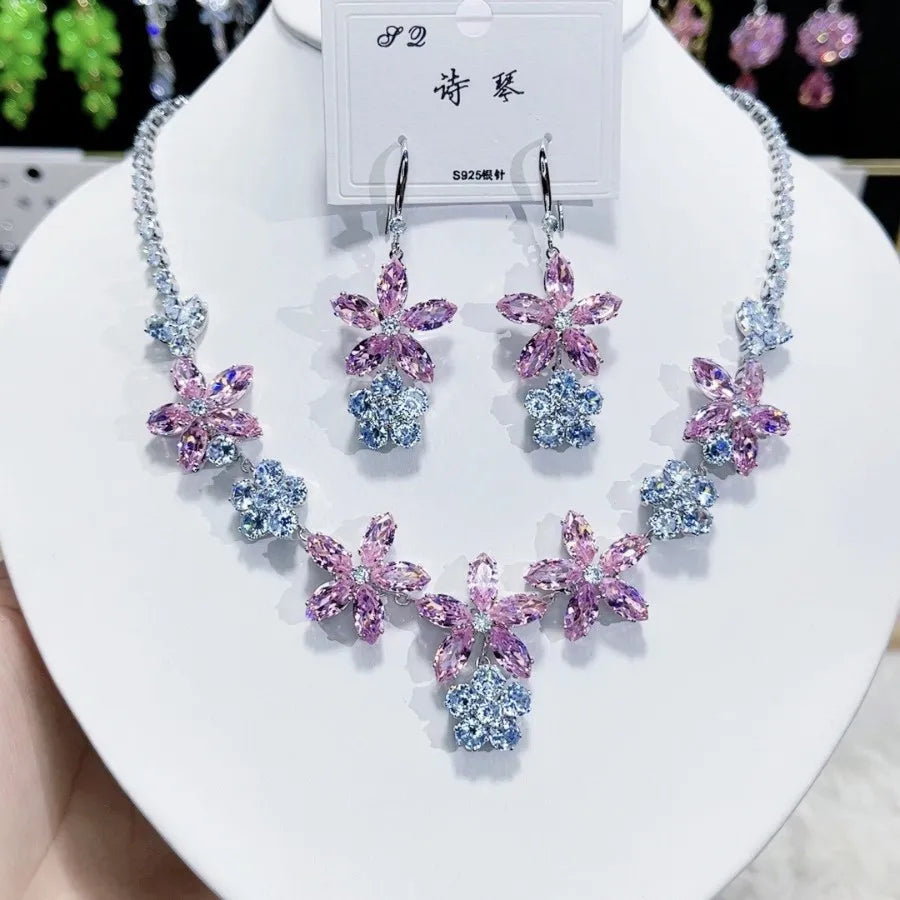 K077 High End Women Exquisite Luxurious Pink Flower Zircon Bridal Necklace Earrings Set Wedding Elegant Jewelry Set
