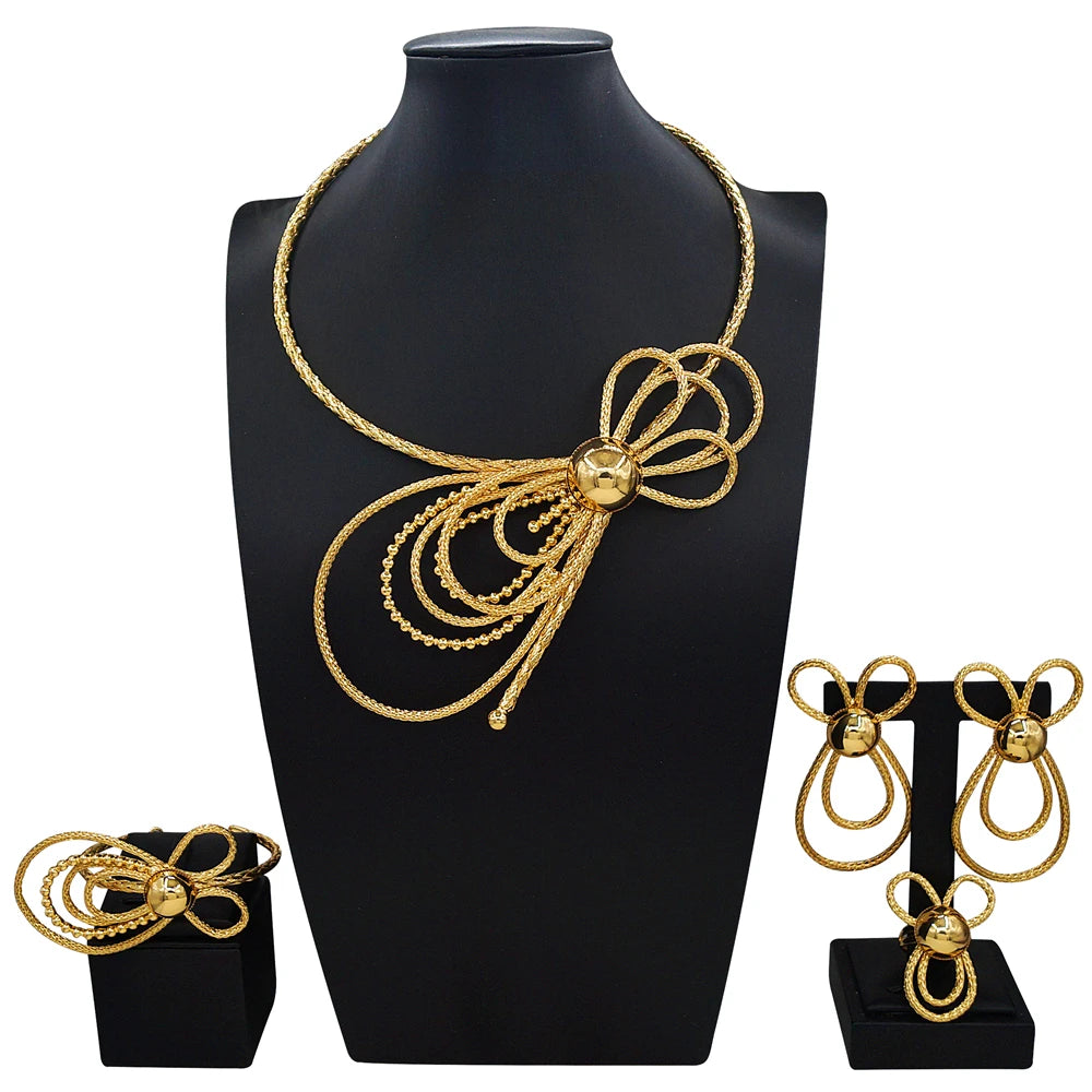 Zhuerrui African Italian Gold Plated Jewelry Set Bold Ribbed Twisted Geometric Choker for Women Wedding Banquet X00132