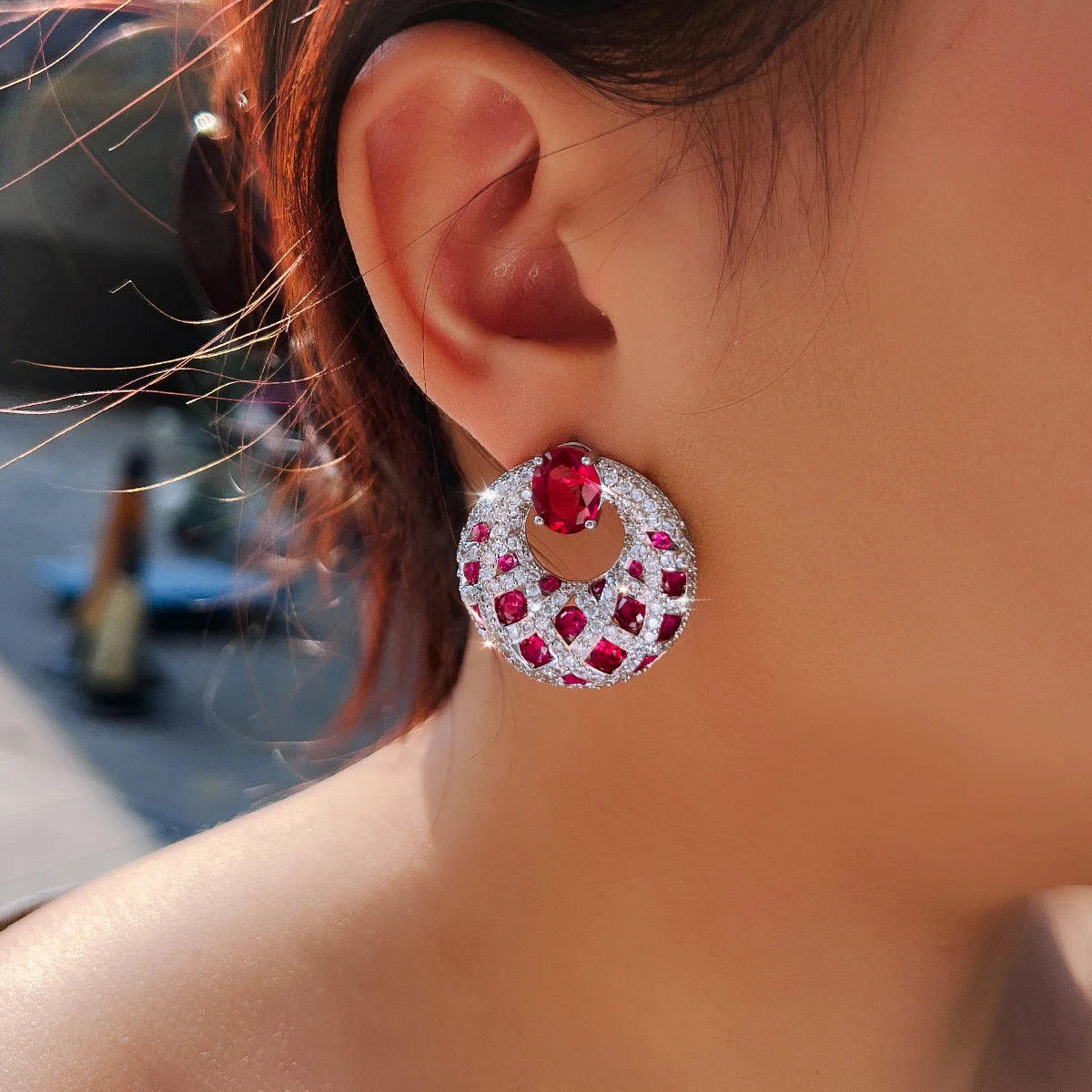 S&S Pink Red CZ Big Round Dangle Drop Earrings – Rhodium Silver Plated – Collection