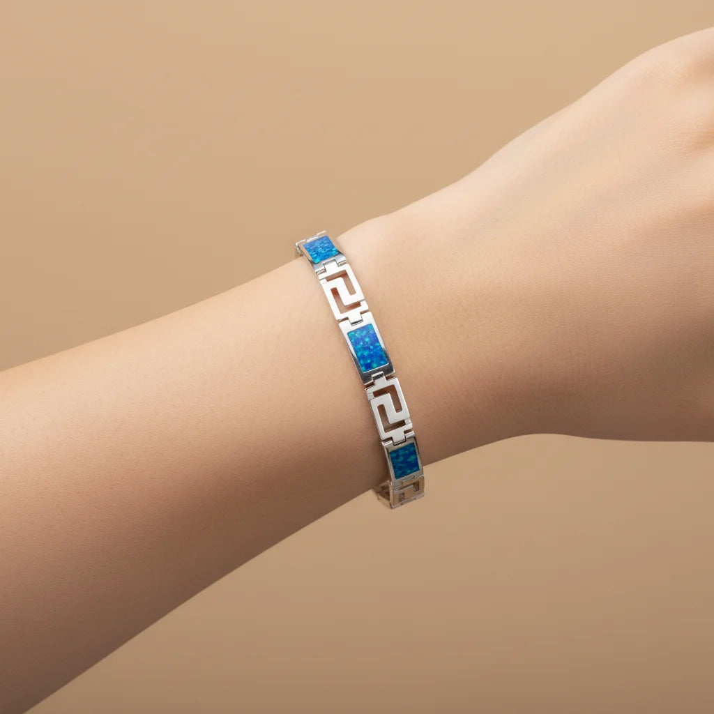 Fashion Trendy Silver Plated Brass Christian Opal Inlaid Minimalist Geometric Design Women's Anniversary Chain Link Bracelet