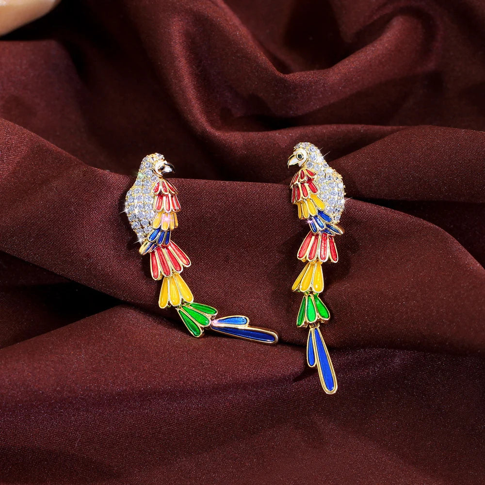 S&S Colourful CZ Feather Bird Dangle Drop Earrings – Gold Plated – Collection