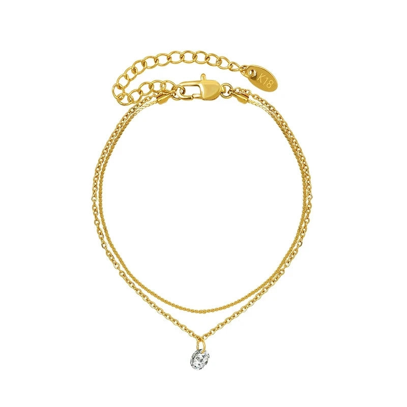 LT-S003 Light Luxury, Stylish Double-layer Minimalist Niche Anklet Inlaid with Zircon Stainless Steel and Plated with 18k Gold