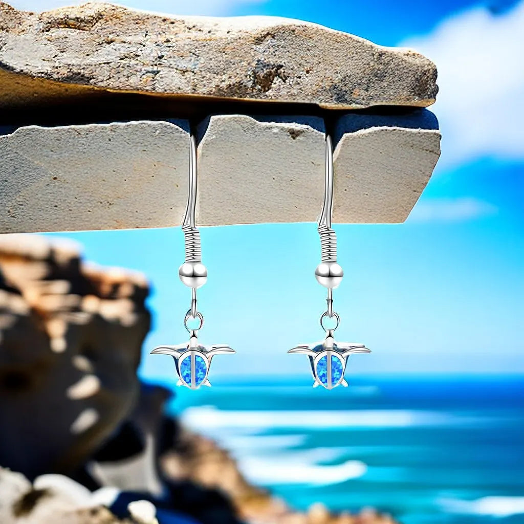 Adorable Christian Dainty Silver Plated Hawaiian Sea Turtle Animal Shape Cute Opal Pendant Earrings for Beach Lovers Gift