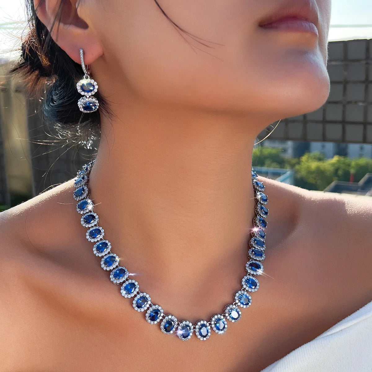 Tanzanite Oval CZ Jewelry Set Necklace Huggie Dangle Earrings Rhodium Plated Cubic Zirconia Bridal Women Wedding Jewelry Set