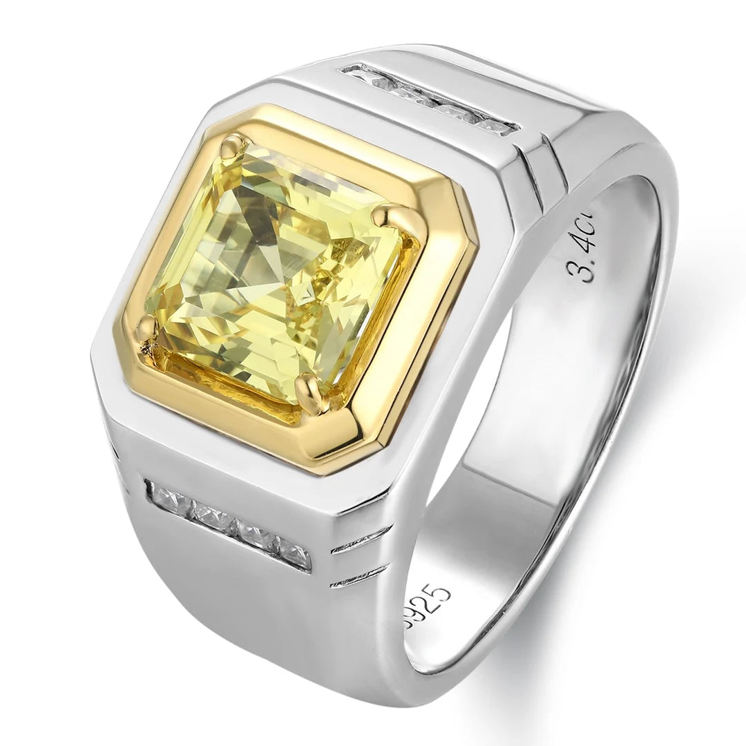 Gemfiori Men's 925 Sterling Men Rings Lab Created Emerald Ring 2CT Carat Diamond Inset Classic Rhodium Plating for Weddings Parties