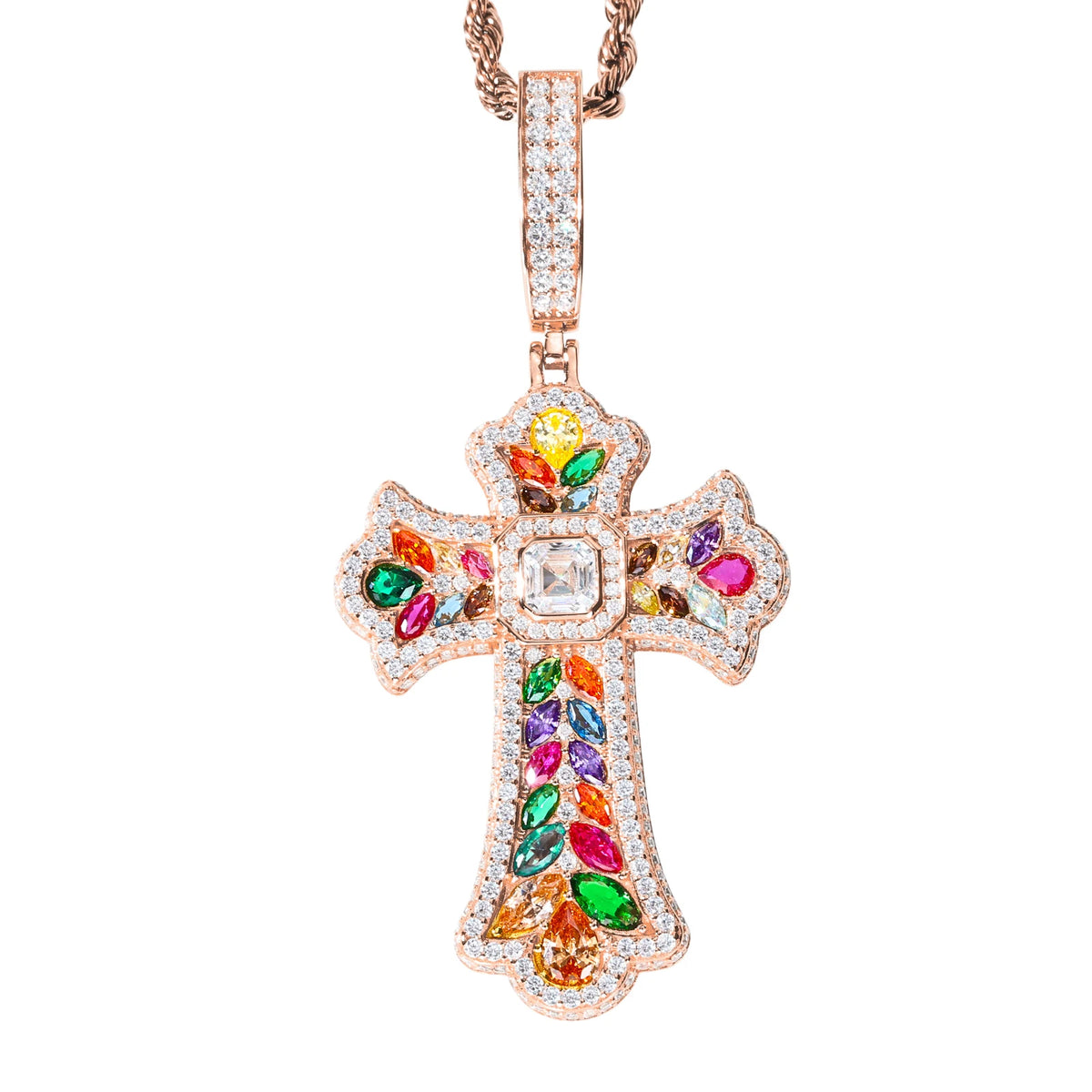 REBEL High Quality Multi Color Gemstone Iris Cross Pendant White Gold Plated Brass AAAAA CZ Diamond Iced Out Cross Charm Necklace
