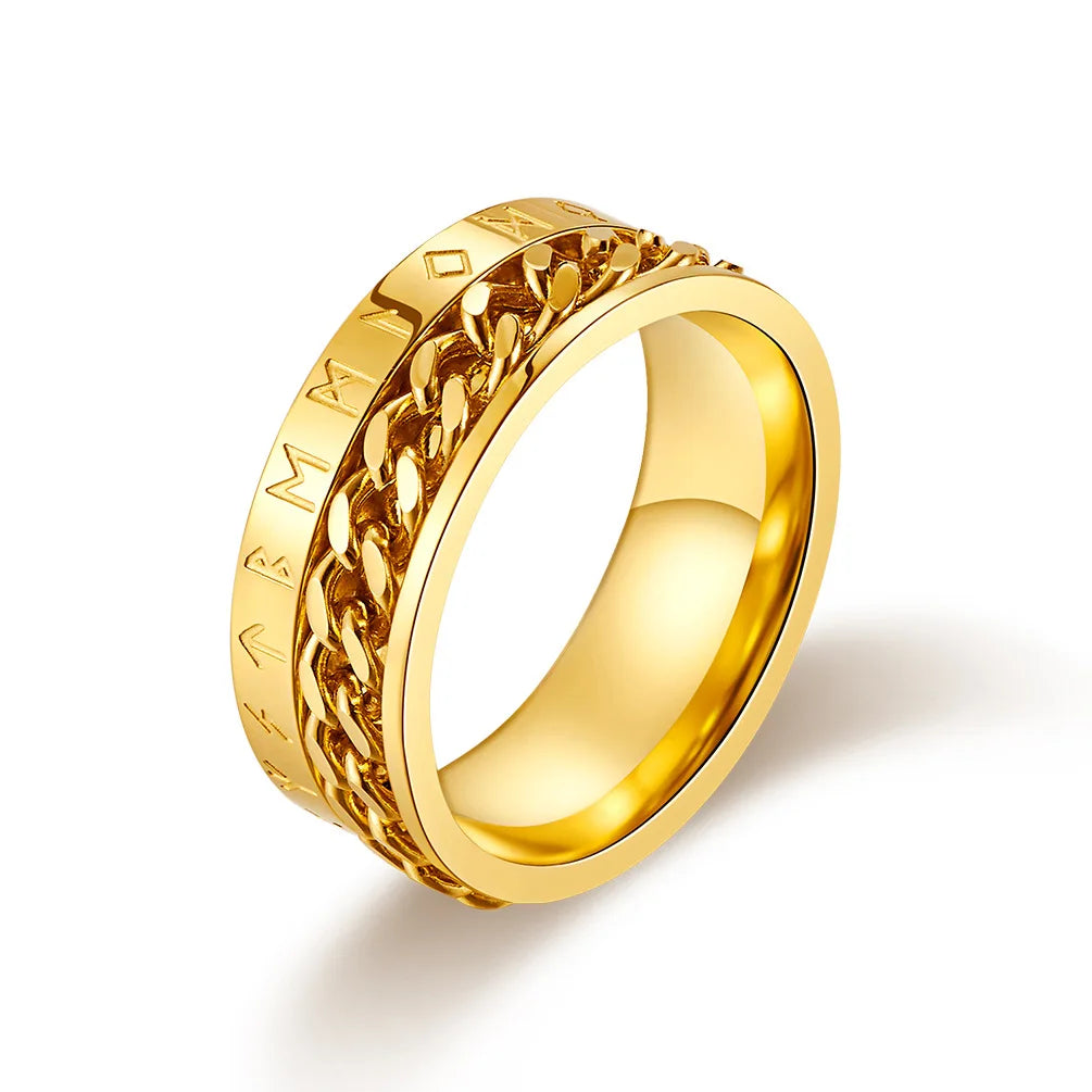 REBEL OAHLAN Fashion Jewelry 8mm Rotating Viking Script Chain Stainless Steel Rings for Men Wedding Engagement Party