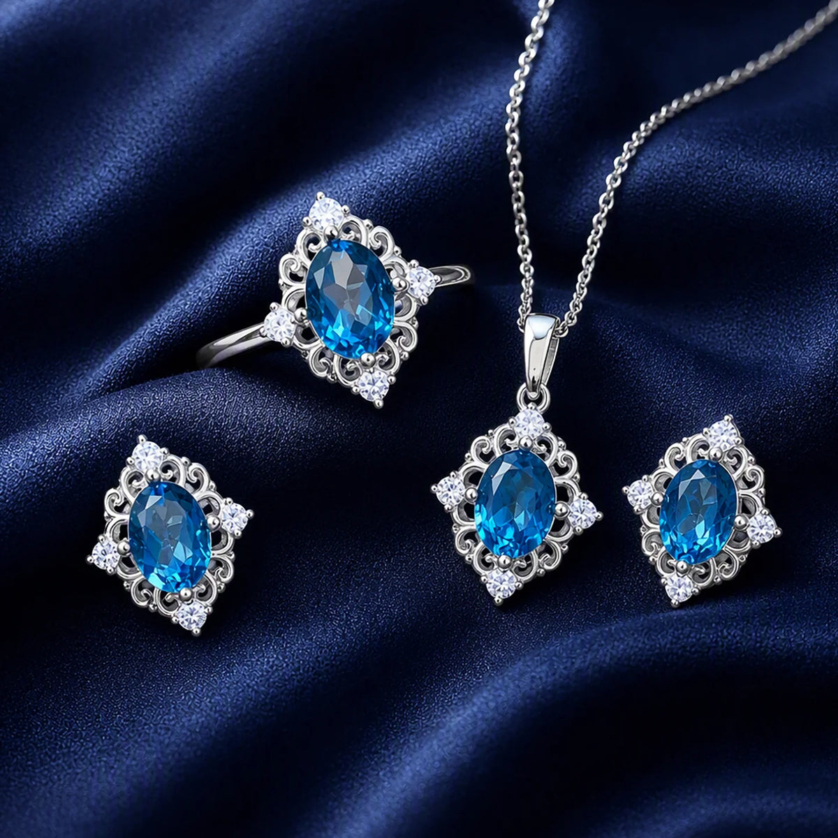 ArtistA Natural London Blue Topaz 925 Sterling Silver Jewelry Set Pendant Ring Earrings for Women Trendy Fashion Gift Elegant Party