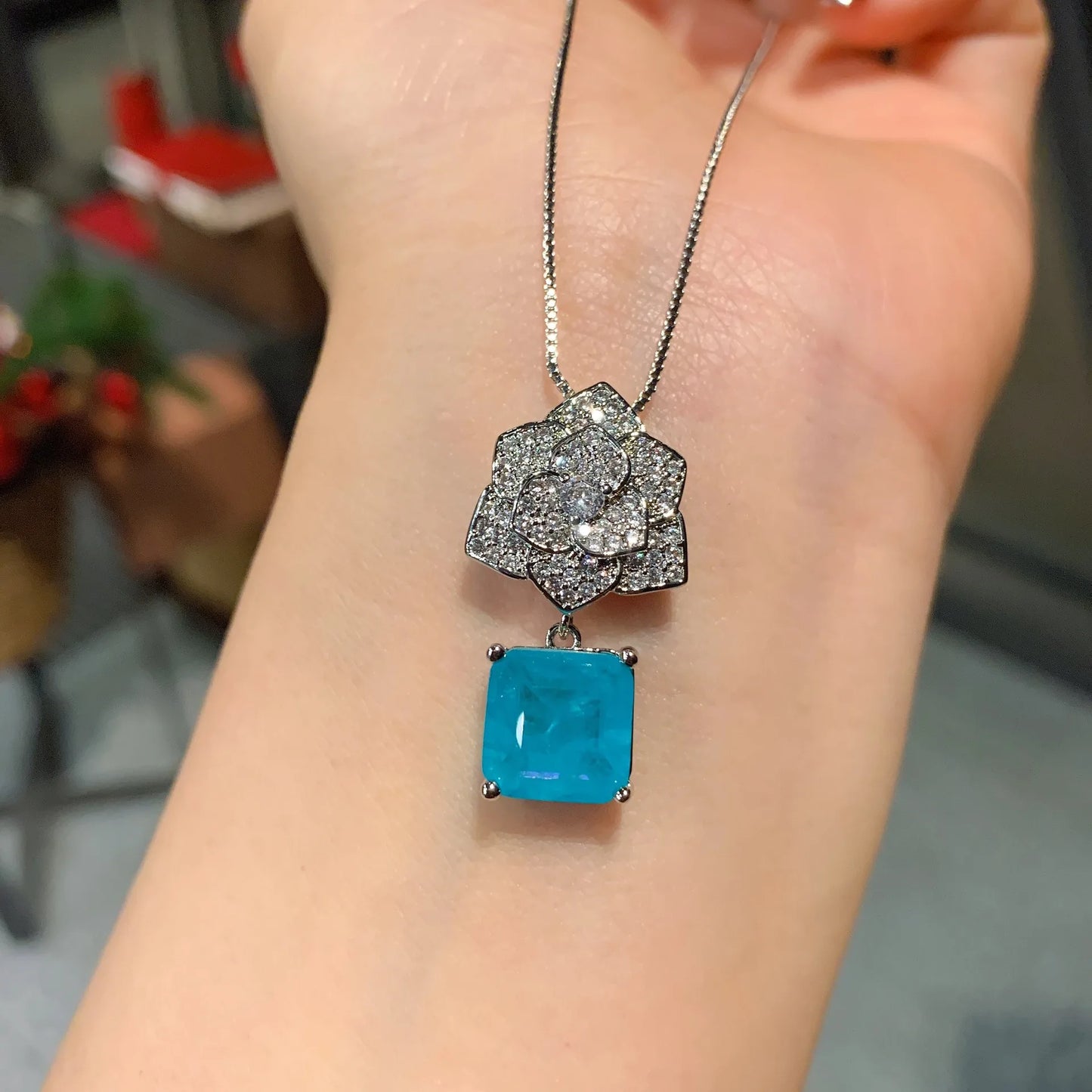 Fashion Eco-friendly Copper Romantic Events Floral Pendant Earrings Set 10*10MM Blue Zircon Flower Jewelry Set for Women