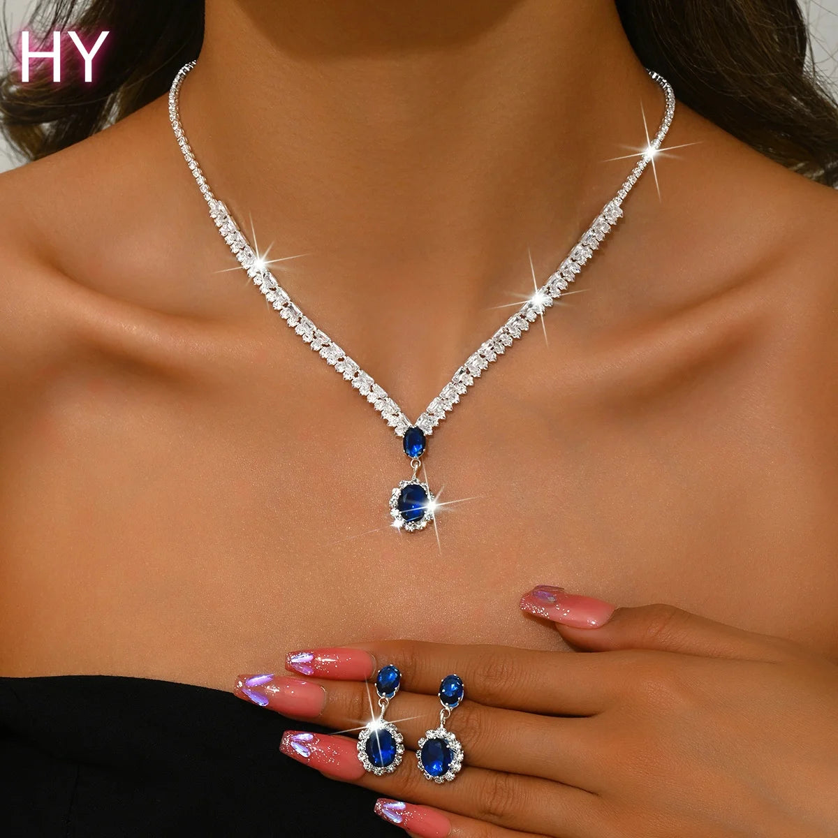 HY Women's European American Style Light Luxury Teardrop Zircon Alloy Electroplated Necklace Earring Two-Piece Jewelry Set