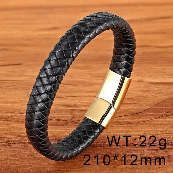 KALEN 13mm Width Men Mature Gold/Silver/Black Stainless Steel&Cowhide Leather Bracelet