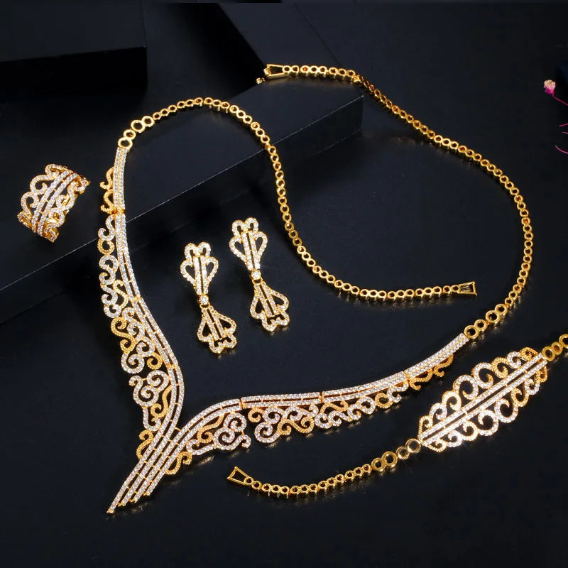 S&S 4-Piece CZ Flower Bridal Jewellery Set – 18K Gold Plated – African & Dubai Style – Collection